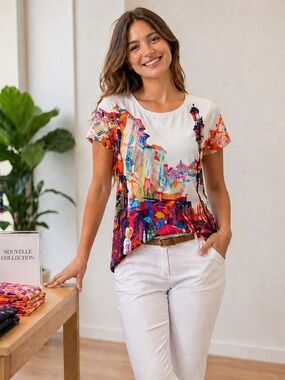 NWT Casual Express Village Colorful Graphic T-Shirt